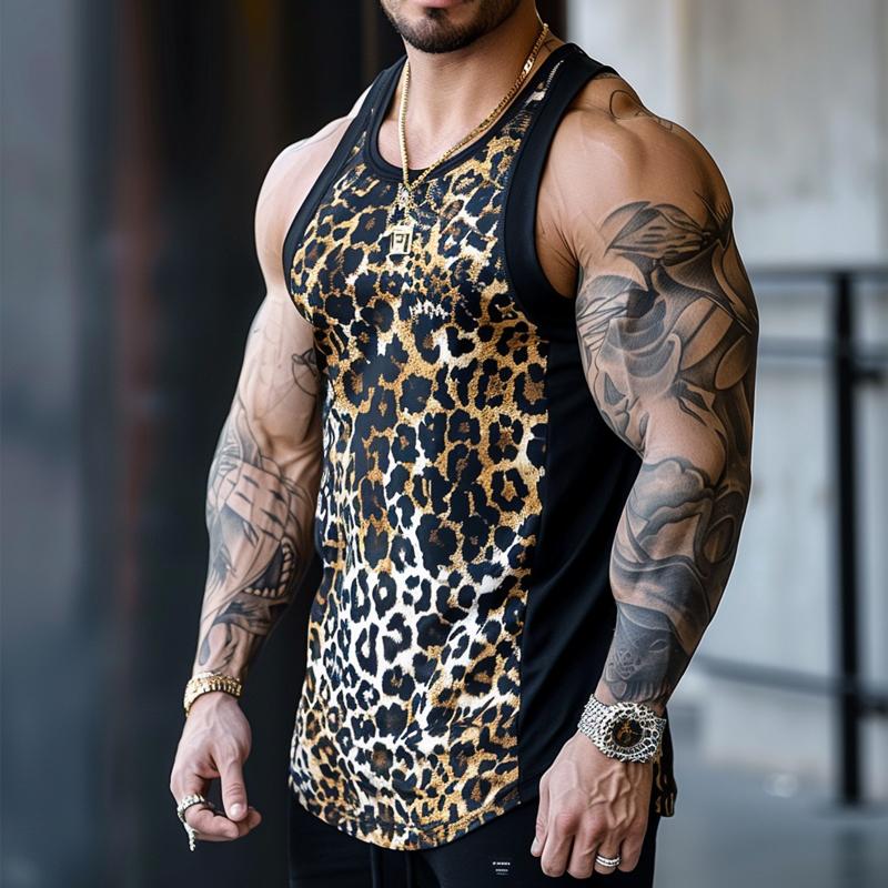 men's-casual-round-neck-leopard-print-patchwork-tank-top