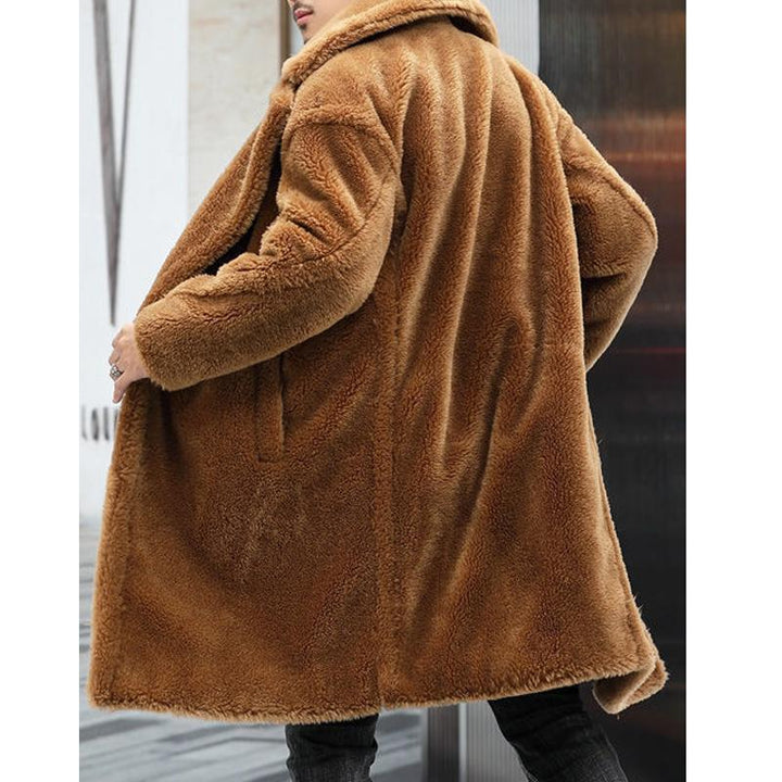 Warm Solid Color Teddy Plush Lapel Long Coat - DUVAL
