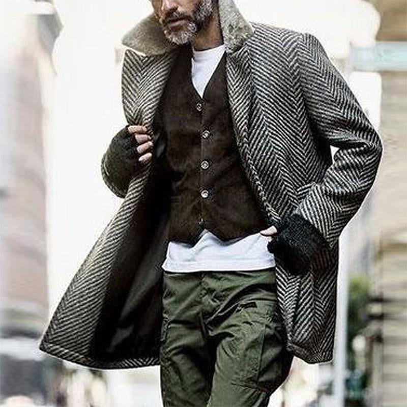 Vintage Herringbone Fabric Spliced Fur Collar Coat - DUVAL