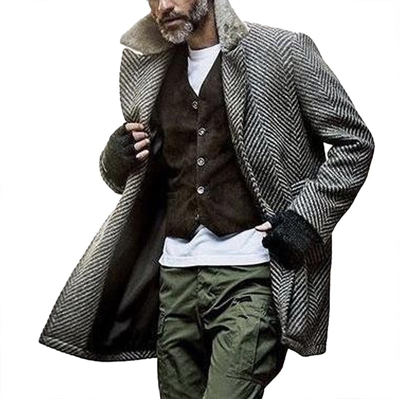 Vintage Herringbone Fabric Spliced Fur Collar Coat - DUVAL