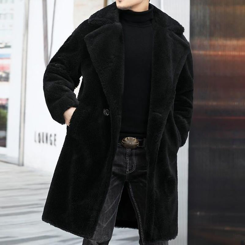 Men's Warm Solid Color Teddy Plush Lapel Long Coat