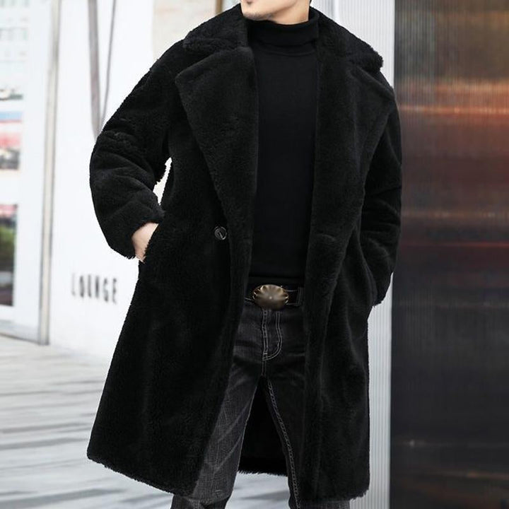 Warm Solid Color Teddy Plush Lapel Long Coat - DUVAL