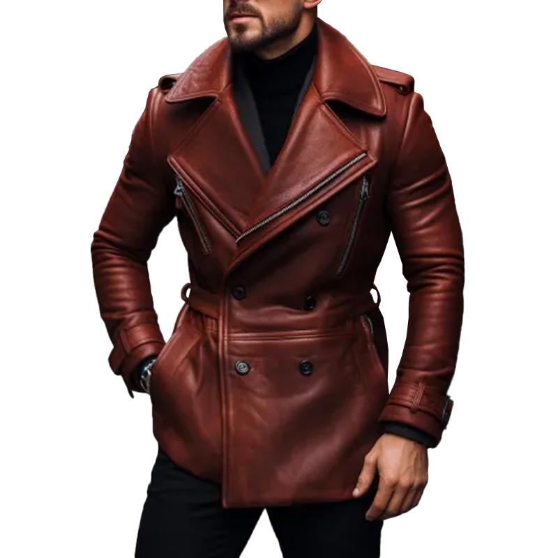 Vintage Notched Lapel Double Breasted Belt Leather Coat - DUVAL