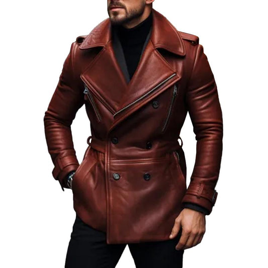 Men's Vintage Notched Lapel Double Breasted Belt Leather Coat