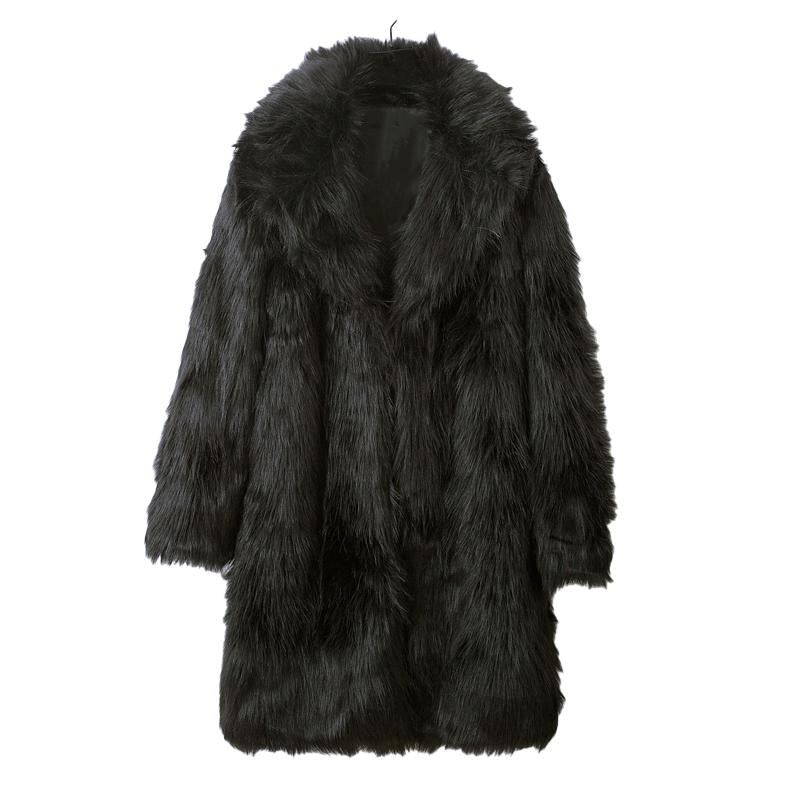 Lapel Long Imitation Fur Solid Color Coat - DUVAL