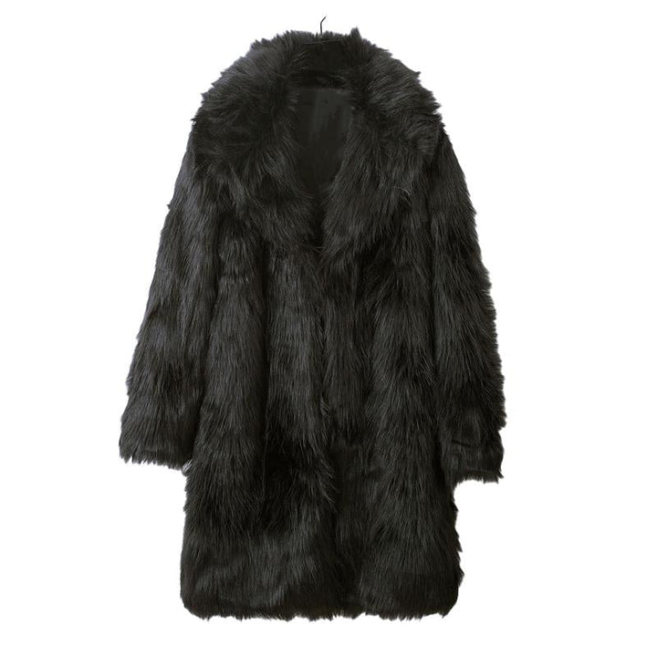 Lapel Long Imitation Fur Solid Color Coat - DUVAL