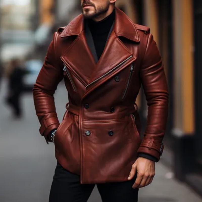 Men's Vintage Notched Lapel Double Breasted Belt Leather Coat