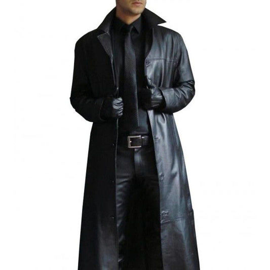 Men's Vintage Solid Color Lapel Leather Trench Coat