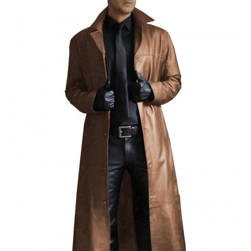 Vintage Solid Color Lapel Leather Trench Coat - DUVAL