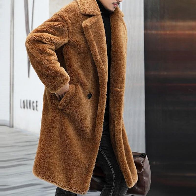 Men's Warm Solid Color Teddy Plush Lapel Long Coat