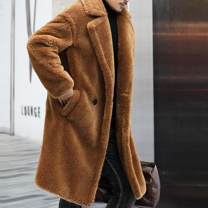 Warm Solid Color Teddy Plush Lapel Long Coat - DUVAL