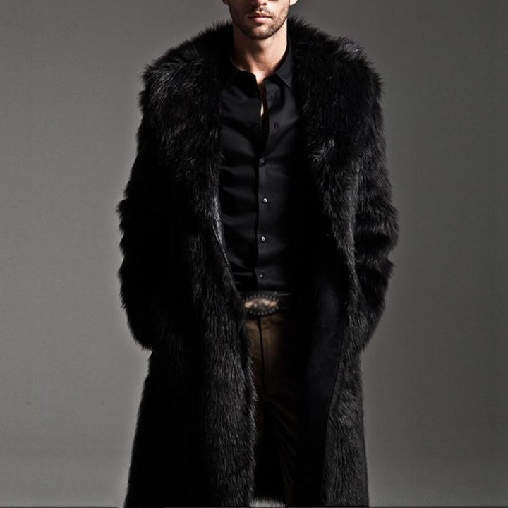 Lapel Long Imitation Fur Solid Color Coat - DUVAL