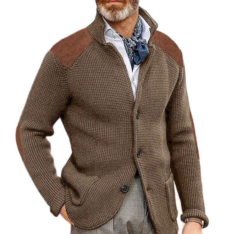 men's vintage stand collar patchwork slim long sleeve knitted blazer