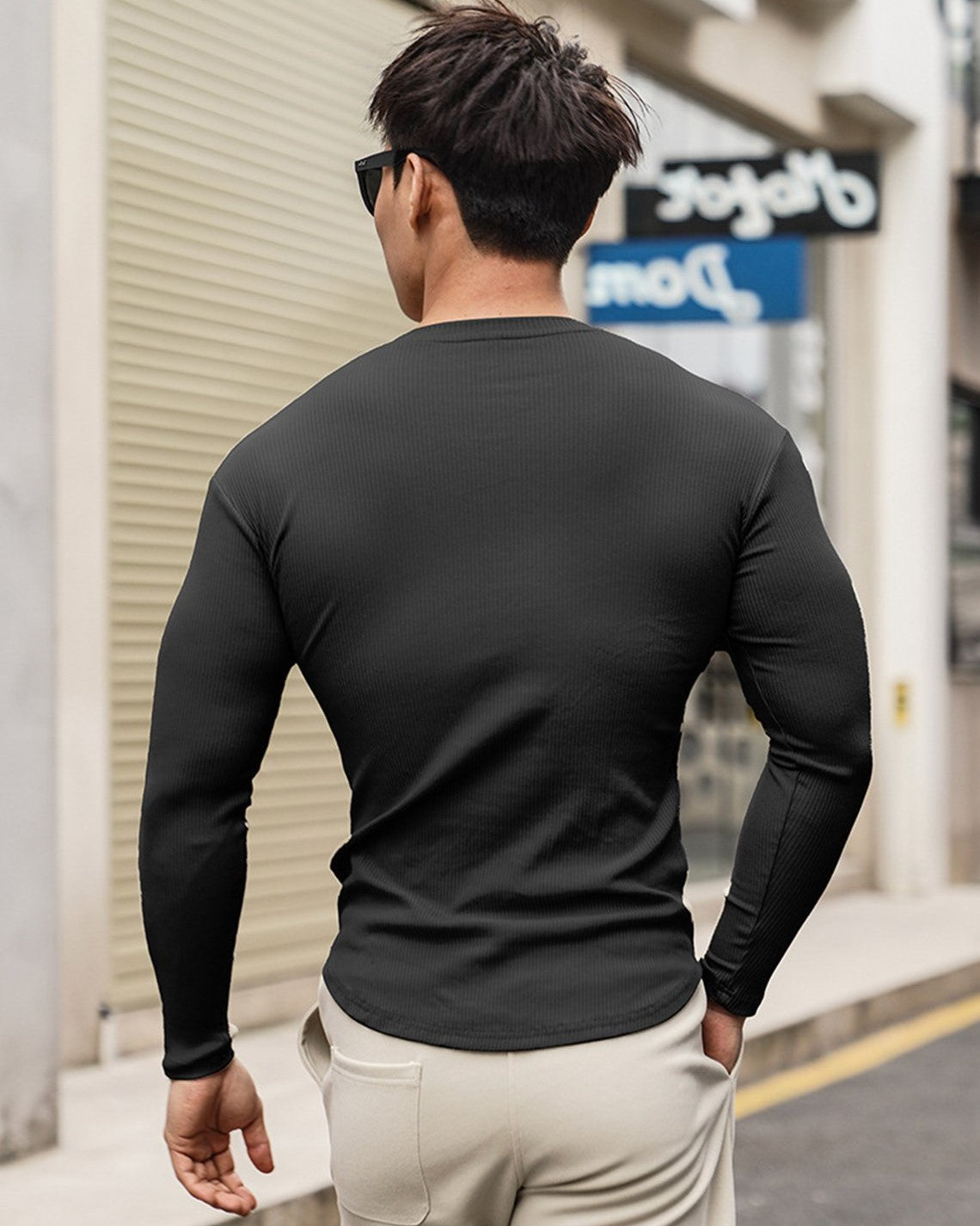 Muscle Fit V-Neck Long Sleeve Cotton Rib Knit T-Shirt