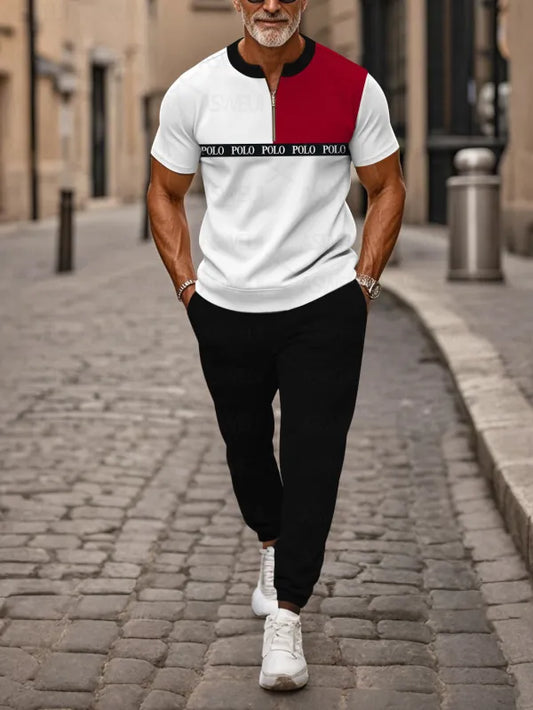 Zipper Short Sleeve Long Pants Two-Piece Set