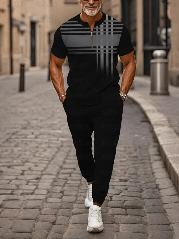Zipper Short Sleeve Long Pants Two-Piece Set - DUVAL