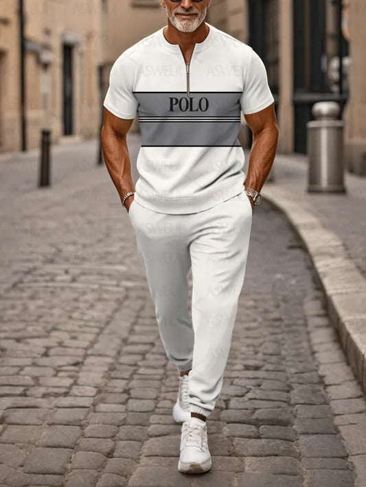 Zipper Short Sleeve Long Pants Two-Piece Set