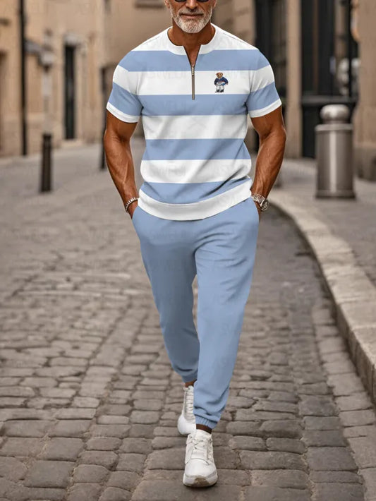 Zipper Short Sleeve Long Pants Two-Piece Set