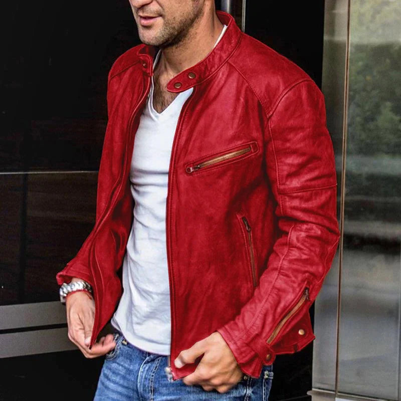 Men's Vintage Stand Collar Punk Zipper Leather Biker Jacket