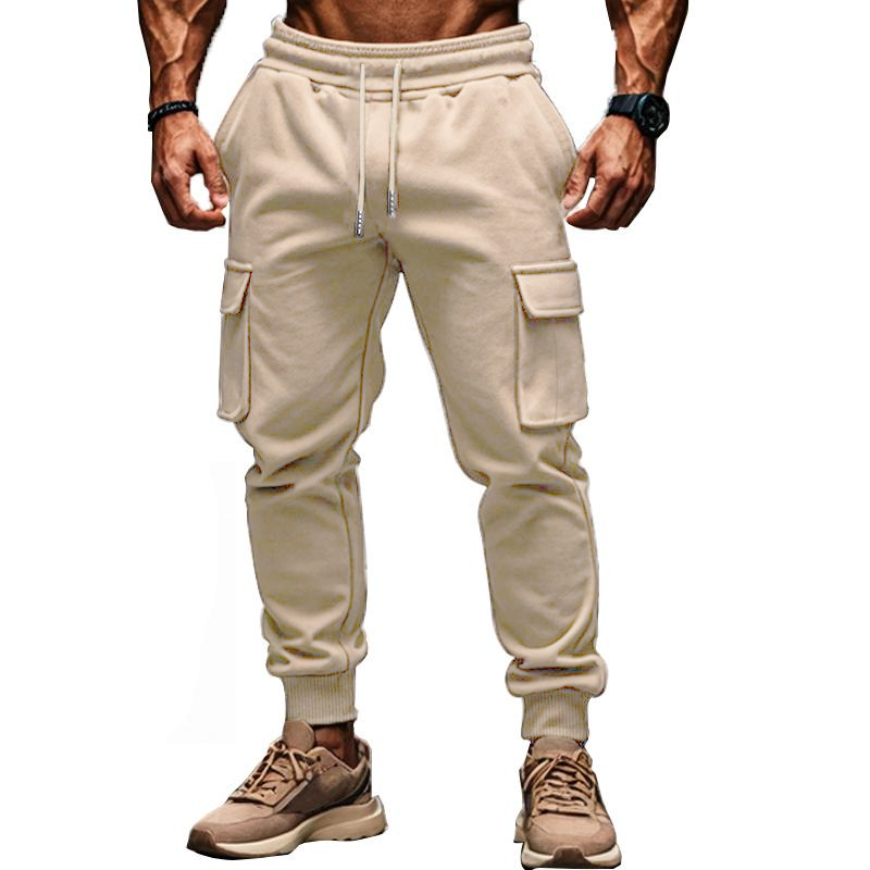 men's-solid-color-plush-elastic-waist-multi-pocket-sports-pants