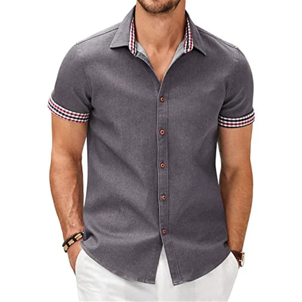 Casual Check Print Stitching Lapel Short Sleeve Shirt