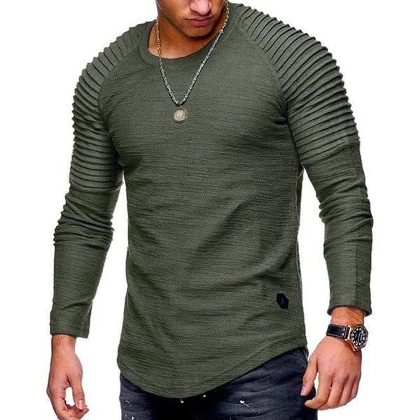 Casual Solid Color Pleated Stitching Round Neck Long Sleeve T-Shirt