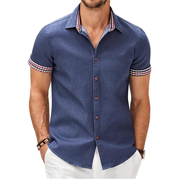 Casual Check Print Stitching Lapel Short Sleeve Shirt