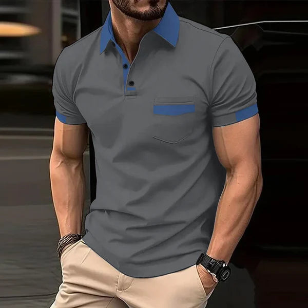 Casual Color Block Pocket Short Sleeve Polo Shirt