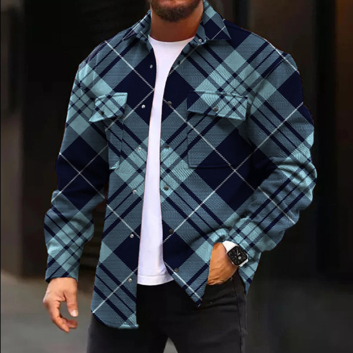 Men's Casual Jacket Fashion Check Print Long Sleeve Pocket Jacket
