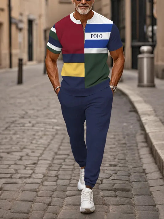 Zipper Short Sleeve Long Pants Two-Piece Set