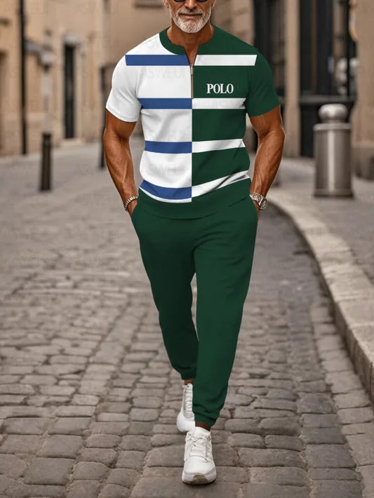 Zipper Short Sleeve Long Pants Two-Piece Set