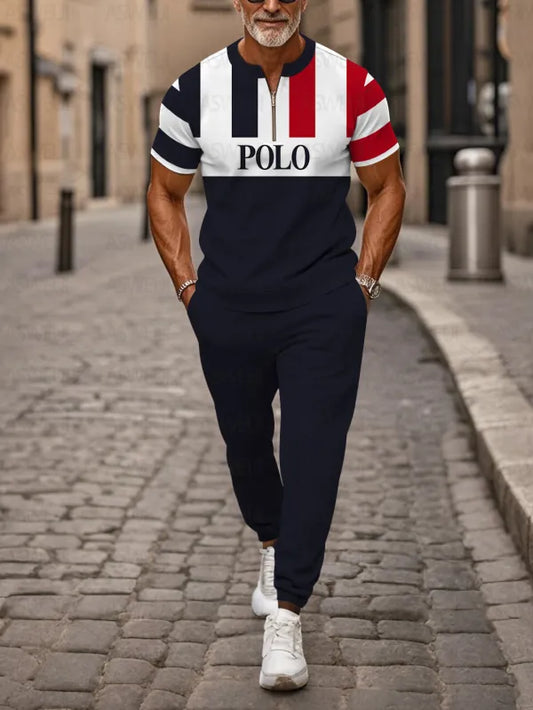 Zipper Short Sleeve Long Pants Two-Piece Set