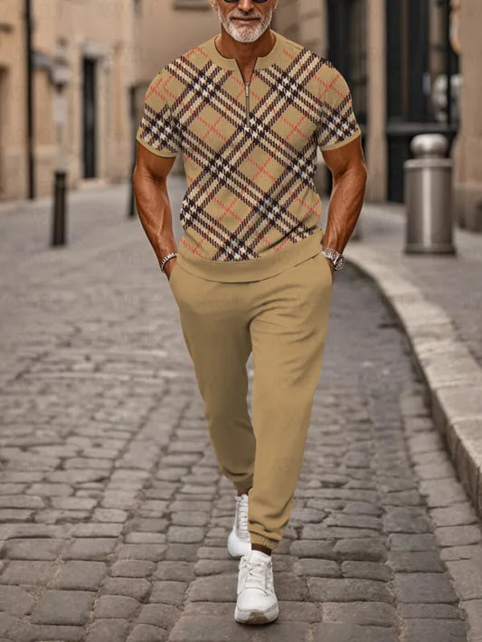 Zipper Short Sleeve Long Pants Two-Piece Set