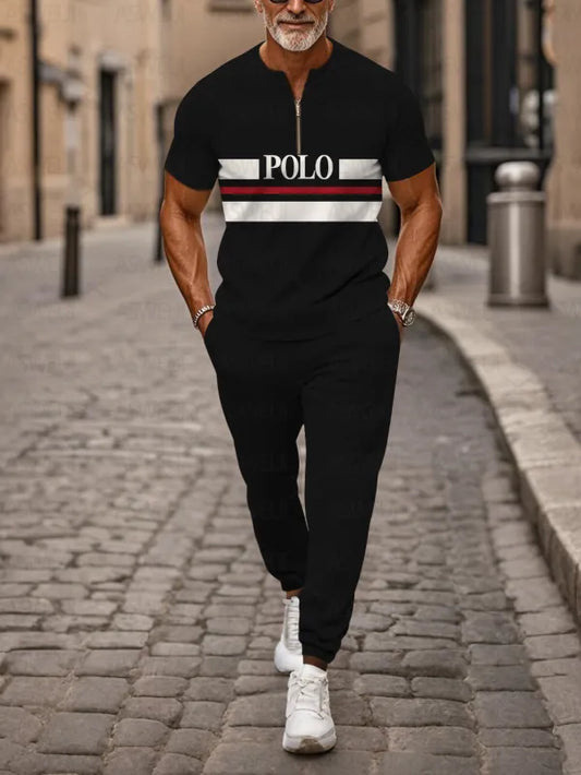 Zipper Short Sleeve Long Pants Two-Piece Set