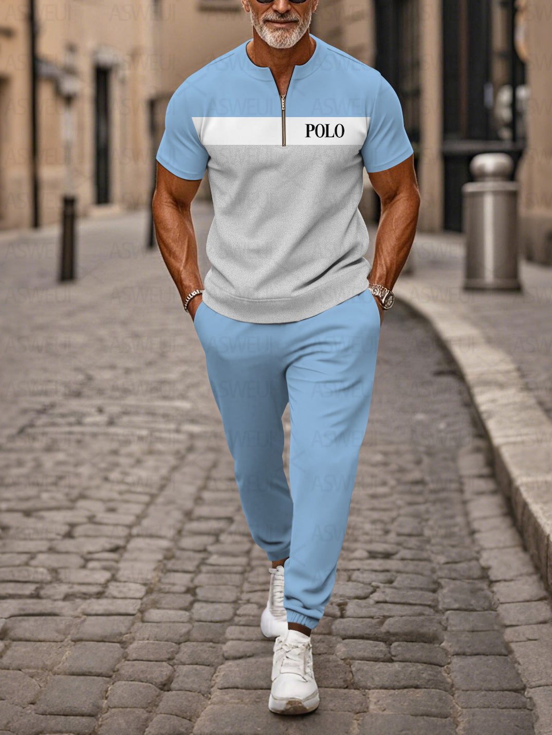 Zipper Short Sleeve Long Pants Two-Piece Set