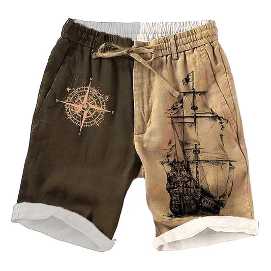 Casual Vintage Ship Print Drawstring Shorts