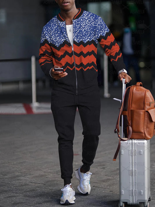 Men's Fashion Casual Geometric Print Zipper Jacket Set