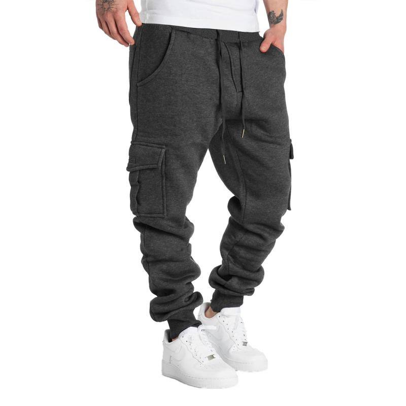 men's-solid-fleece-multi-pocket-elastic-waist-sports-trousers