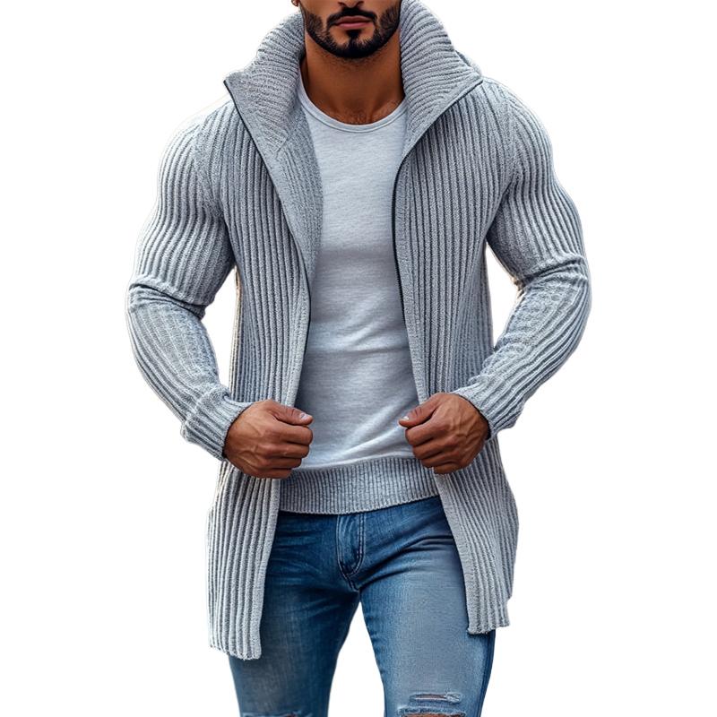 men's-fashion-stand-collar-solid-striped-long-sleeve-mid-length-knit-cardigan