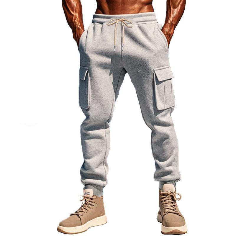 men's-solid-color-plush-elastic-waist-multi-pocket-sports-pants