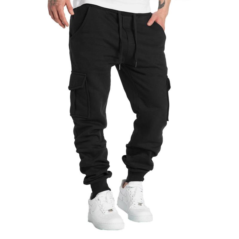 men's-solid-fleece-multi-pocket-elastic-waist-sports-trousers