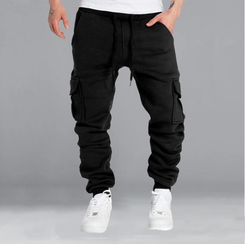 men's-solid-elastic-waist-multi-pocket-sports-pants