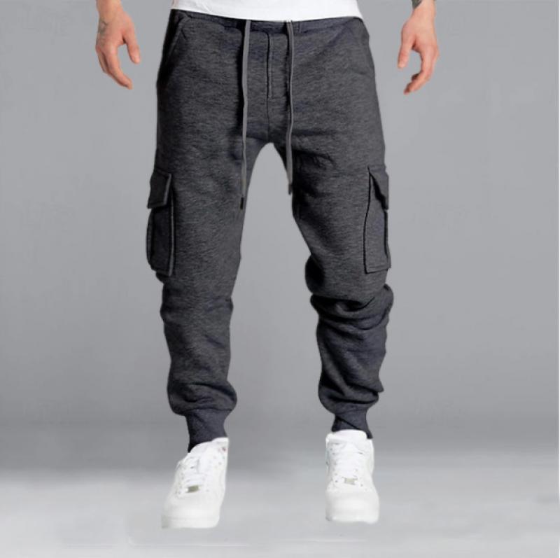 men's-solid-elastic-waist-multi-pocket-sports-pants