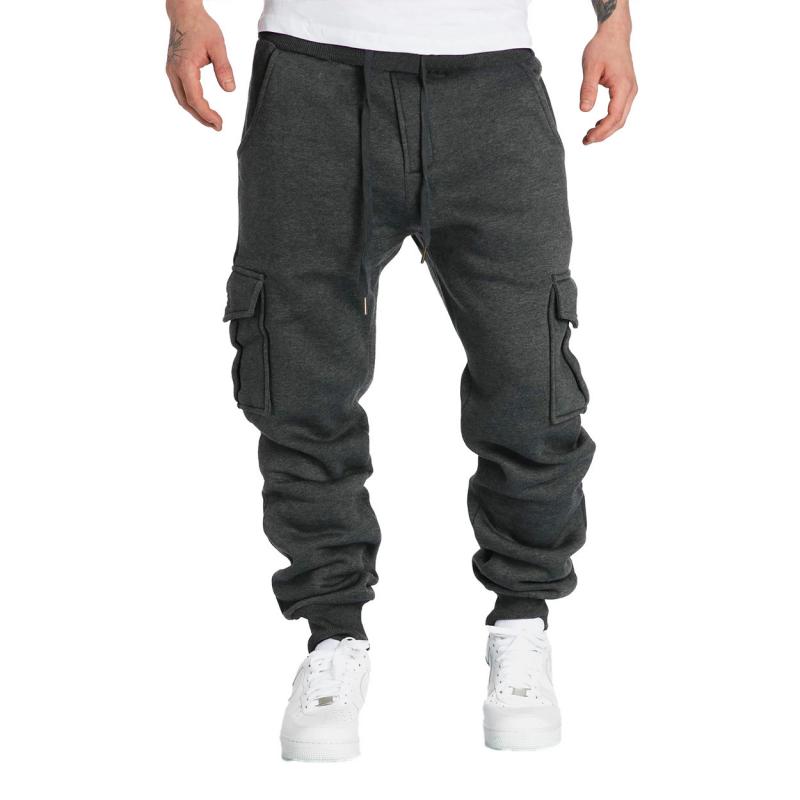 men's-solid-fleece-multi-pocket-elastic-waist-sports-trousers