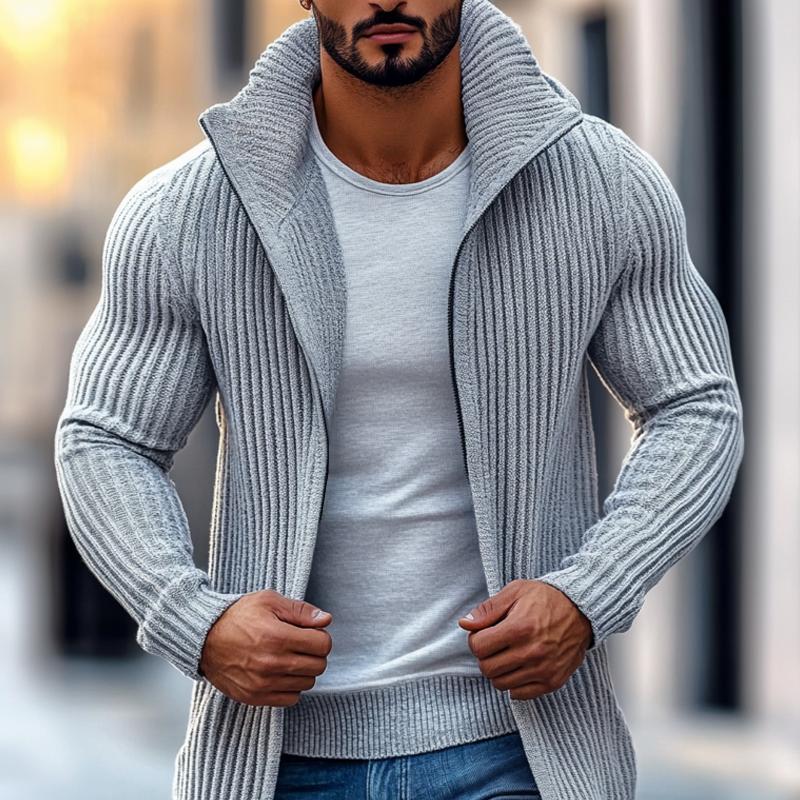 men's-fashion-stand-collar-solid-striped-long-sleeve-mid-length-knit-cardigan