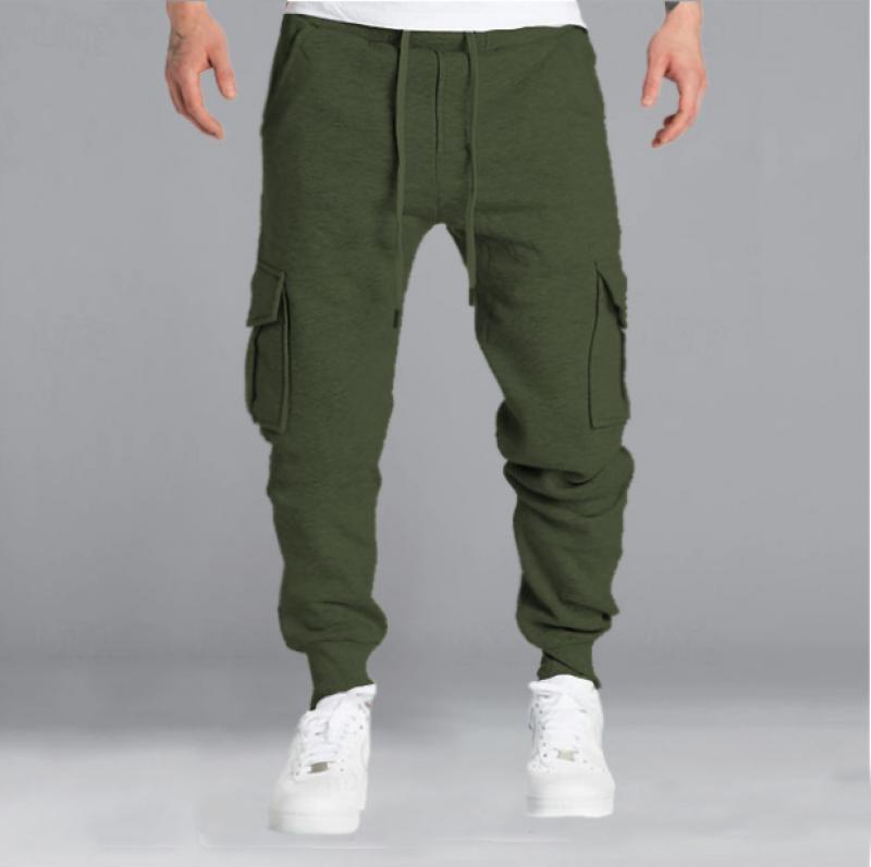 men's-solid-elastic-waist-multi-pocket-sports-pants