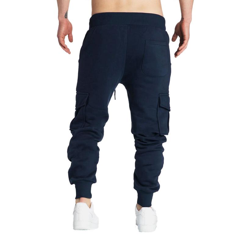 men's-solid-fleece-multi-pocket-elastic-waist-sports-trousers