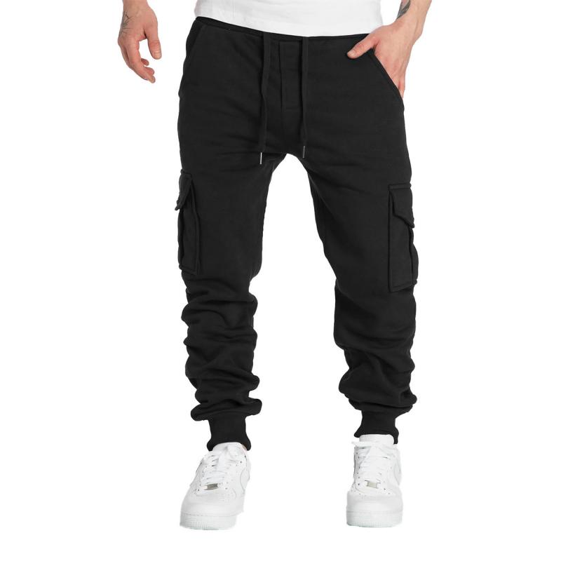 men's-solid-fleece-multi-pocket-elastic-waist-sports-trousers