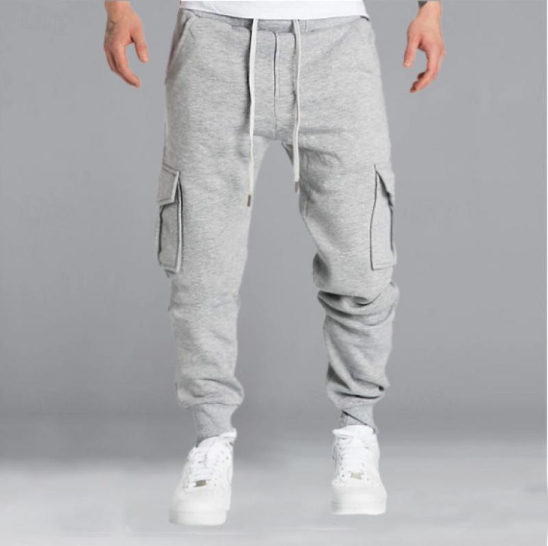 men's-solid-elastic-waist-multi-pocket-sports-pants