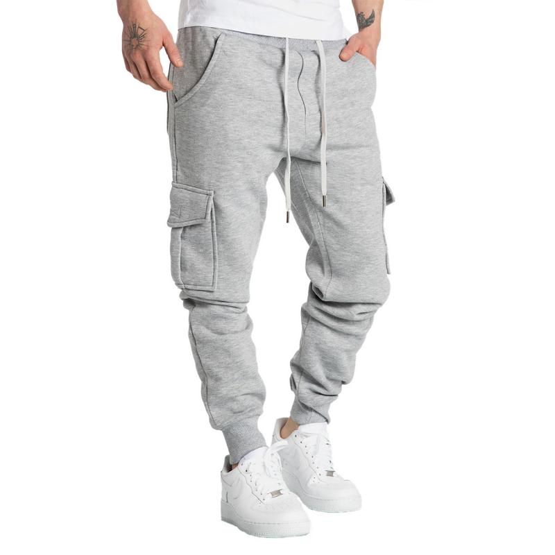 men's-solid-fleece-multi-pocket-elastic-waist-sports-trousers